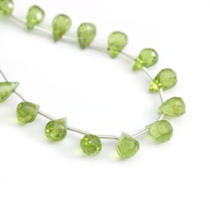 Green Peridot Faceted Drops Briolette Beads, 6x9 mm To 7x10 mm, Genuine Natural Peridot Gemstone Beads for Jewelry Making Gemstone, 8 Inches